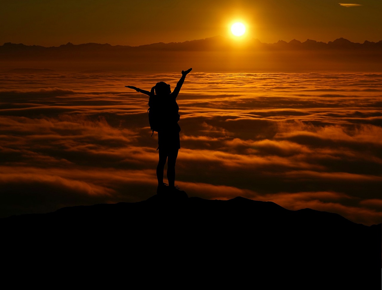 woman, hiking, summit, peak, clouds, dusk, nature, twilight, sunset, silhouette, mountain